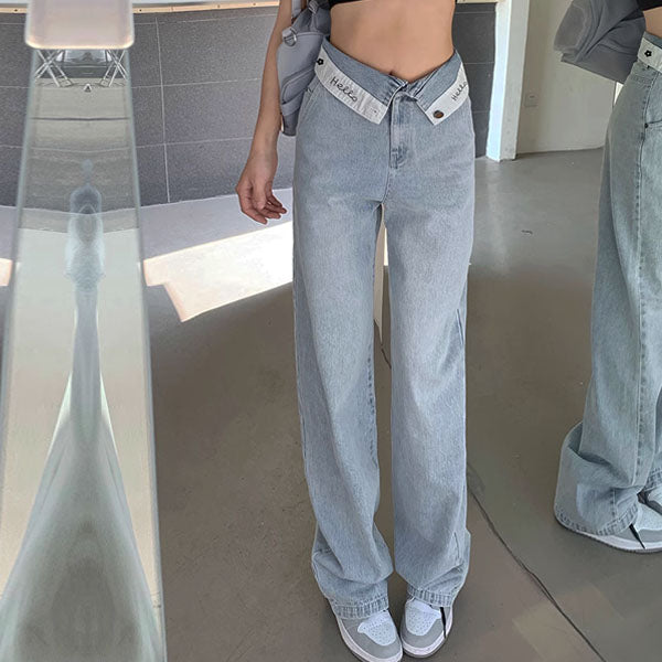 Jazelle Fold Over Waist Straight Leg Denim Jeans