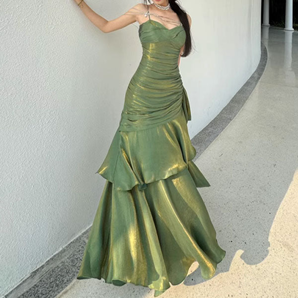 green tiered maxi dress Pamela Enchanting Ruffled XL / Longer Ver. (Height above 155cm) Not Fitted Bright Green Solid Color V