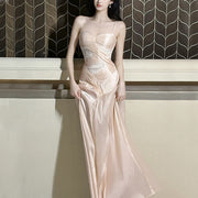 Élodie Blush Satin Spaghetti Strap Slit Dress