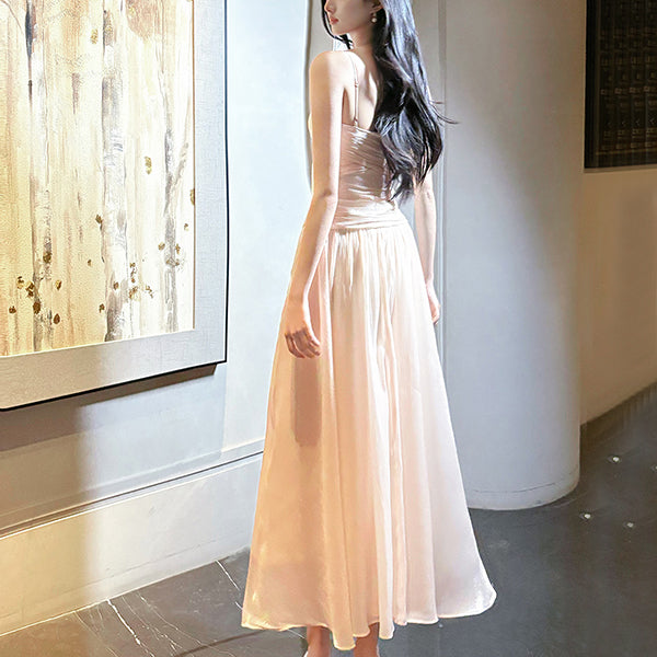 Élodie Blush Satin Spaghetti Strap Slit Dress