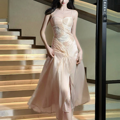 Élodie Blush Satin Spaghetti Strap Slit Dress
