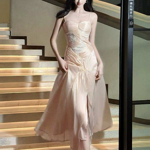 Élodie Blush Satin Spaghetti Strap Slit Dress