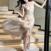 Élodie Blush Satin Spaghetti Strap Slit Dress