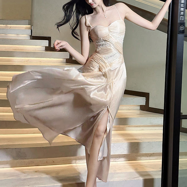 Élodie Blush Satin Spaghetti Strap Slit Dress