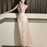 Élodie Blush Satin Spaghetti Strap Slit Dress