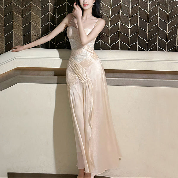 Élodie Blush Satin Spaghetti Strap Slit Dress