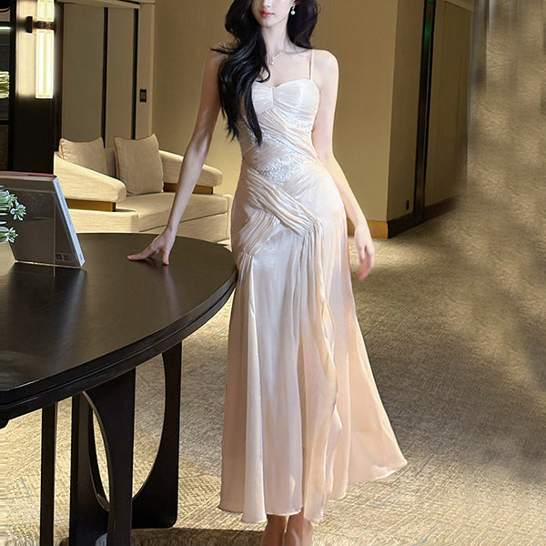 Élodie Blush Satin Spaghetti Strap Slit Dress