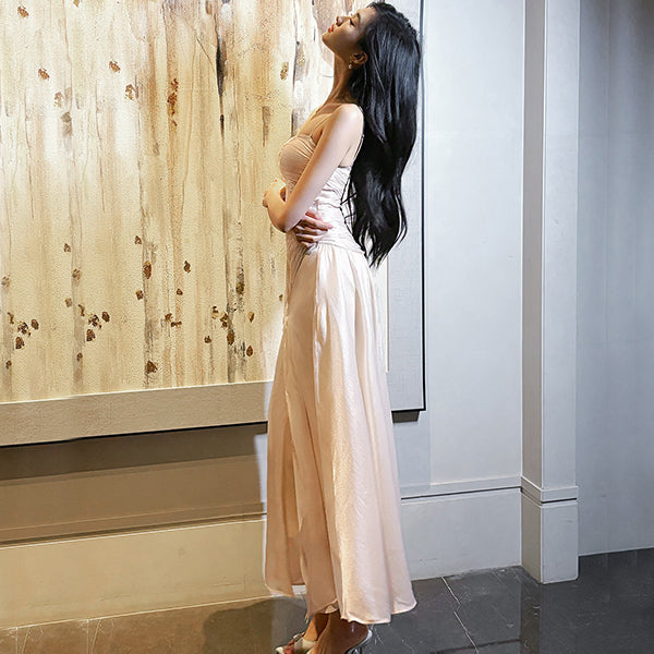 Élodie Blush Satin Spaghetti Strap Slit Dress