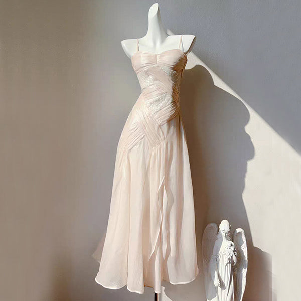 Élodie Blush Satin Spaghetti Strap Slit Dress