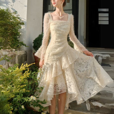 Elowen Romantic Ivory Long Sleeve Asymmetrical Dress
