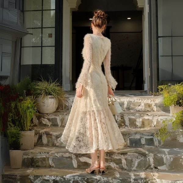 Elowen Romantic Ivory Long Sleeve Asymmetrical Dress