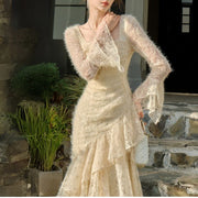 Elowen Romantic Ivory Long Sleeve Asymmetrical Dress