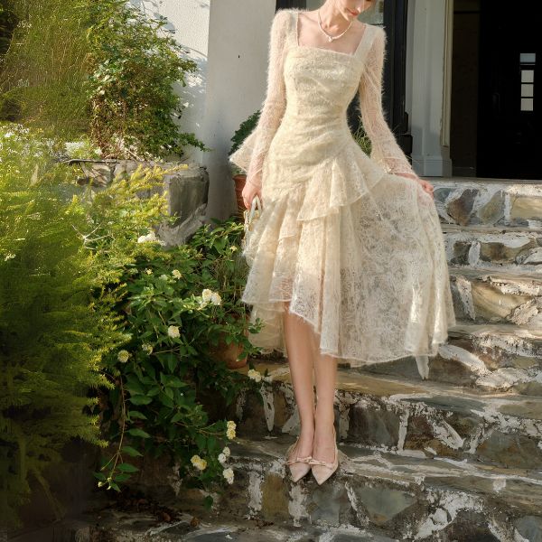Elowen Romantic Ivory Long Sleeve Asymmetrical Dress