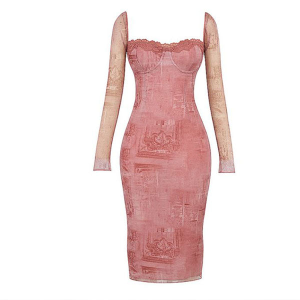 Annisa Pink Bodycon Long Sleeve Midi Dress