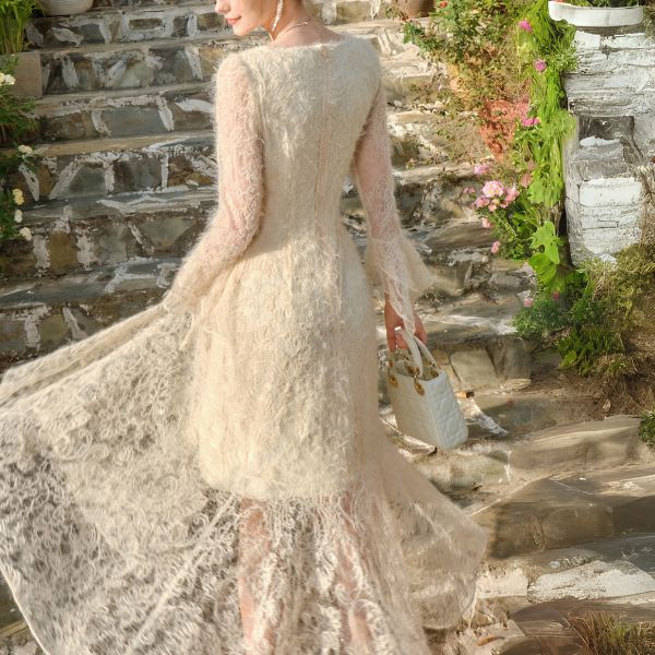 Elowen Romantic Ivory Long Sleeve Asymmetrical Dress