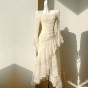 Elowen Romantic Ivory Long Sleeve Asymmetrical Dress