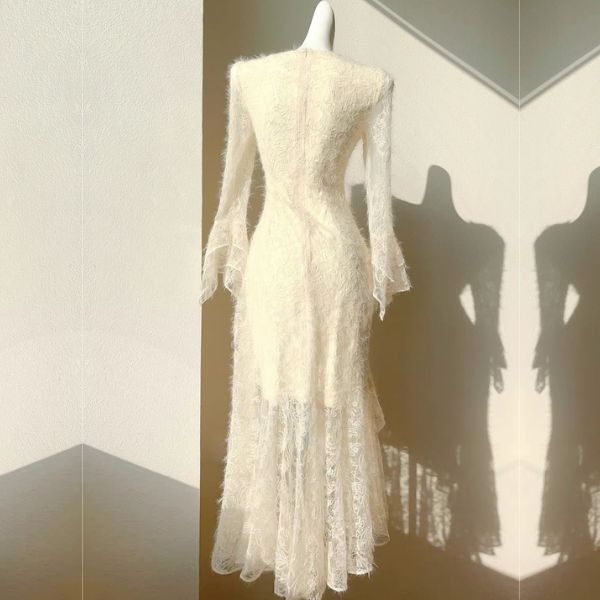 Elowen Romantic Ivory Long Sleeve Asymmetrical Dress