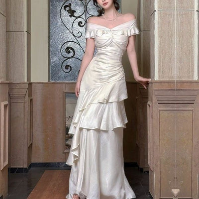 Meliora Elegant Ivory Off-Shoulder Ruffles Evening Dress