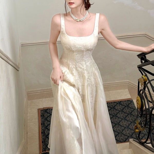 Leia Ivory Floral Appliqué A-Line Square Neckline Dress