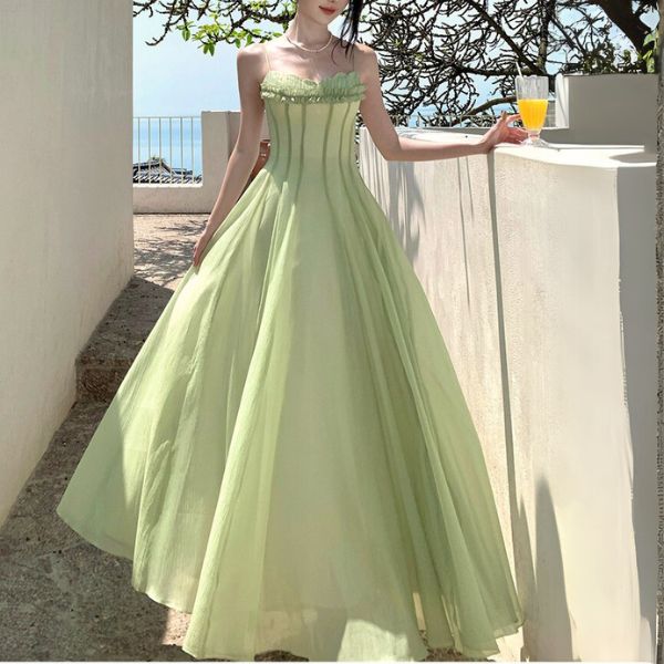Willow Meadow Light Green Romantic Ruffles Neckline Dress