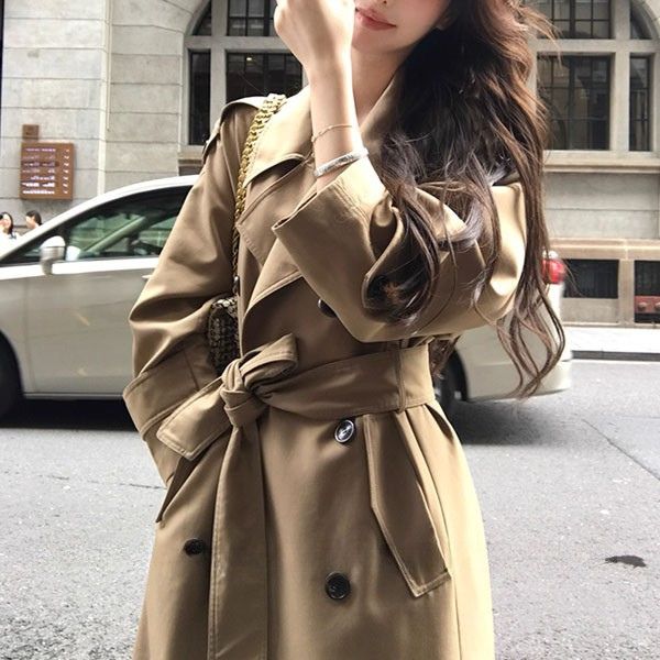 Clara Elegant Khaki Mid-Length Double-Breasted Trench Coat