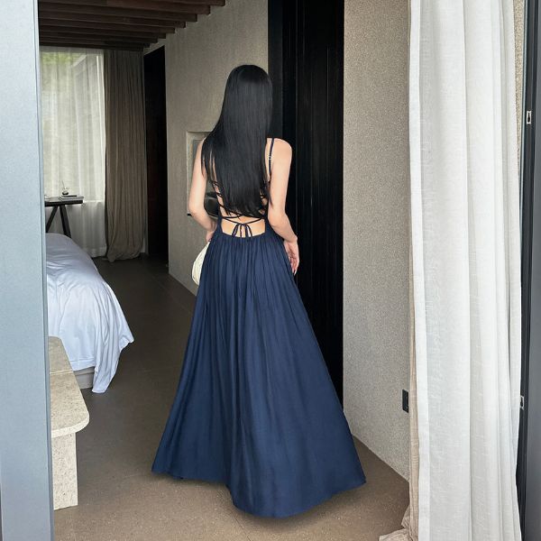 Lyra Elegant Backless Navy Maxi Dress