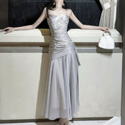 Sylvette Silver Satin Sweetheart Neckline Ruched Evening Dress