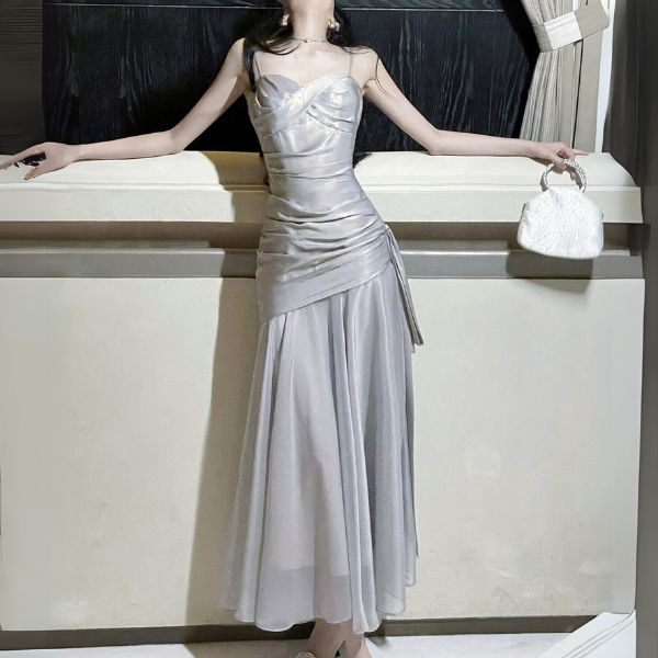 Sylvette Silver Satin Sweetheart Neckline Ruched Evening Dress