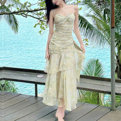 Solene Ethereal Floral Ruched Layered Ruffles Dress