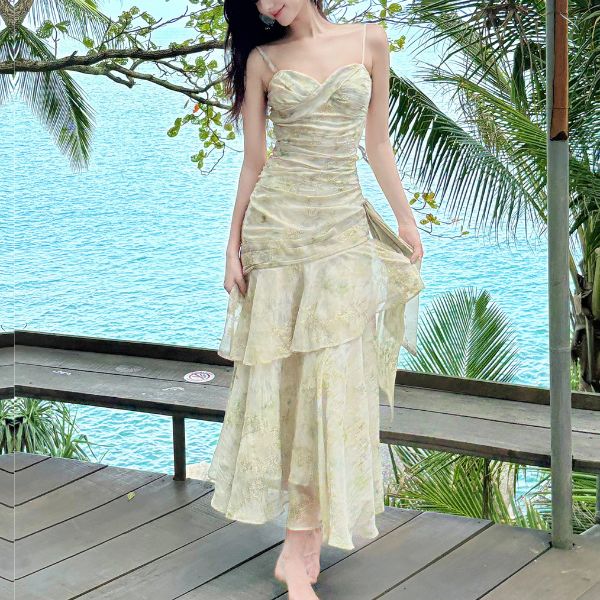 Solene Ethereal Floral Ruched Layered Ruffles Dress