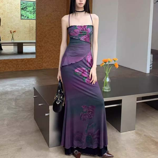knee length dresses for ladies Wedtrend Women Green Long Bridesmaid Dress Mermaid Halter Print Floral Satin Wedding Guest Dress, Green / US16 main image 0
