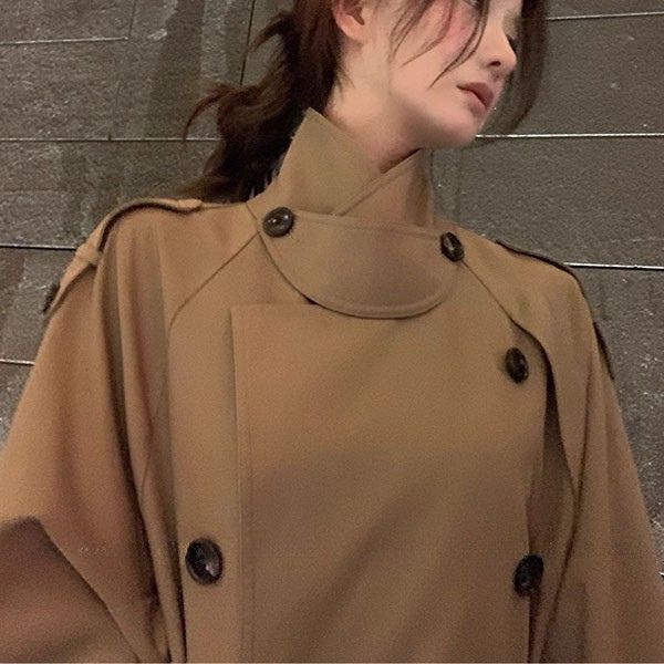 Clara Elegant Khaki Mid-Length Double-Breasted Trench Coat