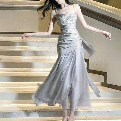Sylvette Silver Satin Sweetheart Neckline Ruched Evening Dress