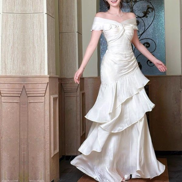 Meliora Elegant Ivory Off-Shoulder Ruffles Evening Dress