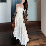 Camilia Strapless Ivory Flora Asymmetrical Maxi Dress