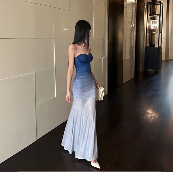 Liroa Elegant Ombré Ruched Strapless Evening Dress
