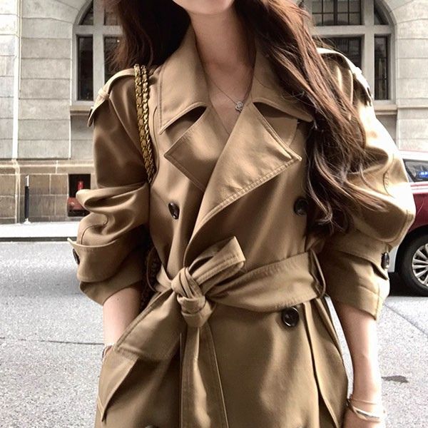 Clara Elegant Khaki Mid-Length Double-Breasted Trench Coat