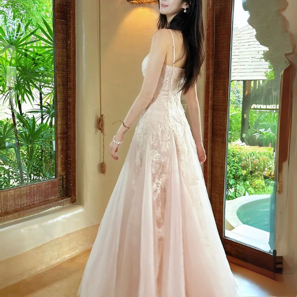 Theia Radiance Pastel Pink Lace Tulle Evening Dress