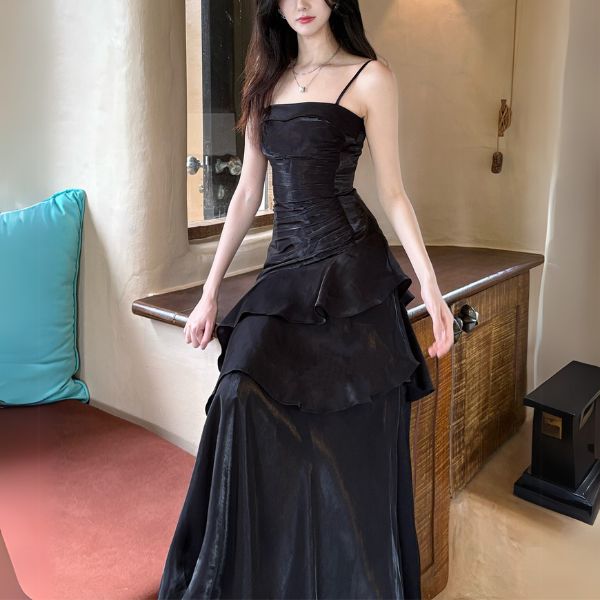 fitted lace wedding dress Azura Celestial Black Tiered Ruffles Maxi Dress S