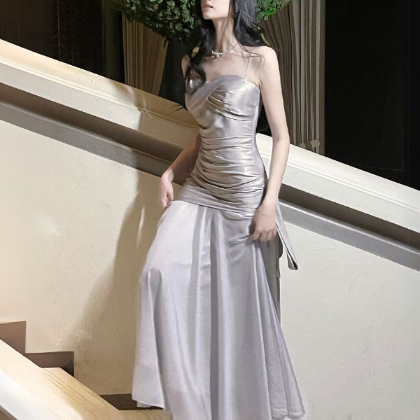 Sylvette Silver Satin Sweetheart Neckline Ruched Evening Dress