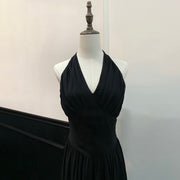 Solenne Black Elegance Pleated Halter Dress