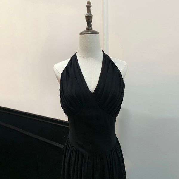 Solenne Black Elegance Pleated Halter Dress