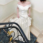Meliora Elegant Ivory Off-Shoulder Ruffles Evening Dress