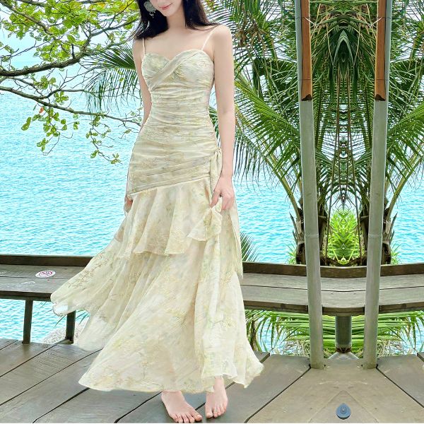 Solene Ethereal Floral Ruched Layered Ruffles Dress
