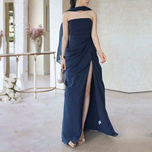 Elysia Midnight Navy Strapless Corset Ruched Drape Evening Dress S / Dress & Scarf