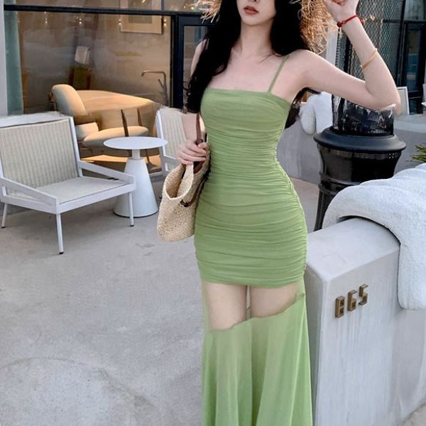 Arina Ruched Green Bodycon Maxi Dress with Sheer Overlay