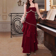 Julia Red Jewel-Embellished Velvet Ruffles Evening Dress