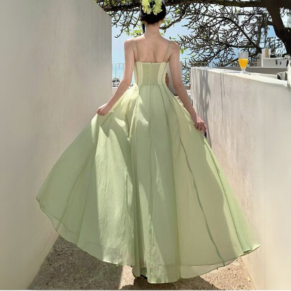 Willow Meadow Light Green Romantic Ruffles Neckline Dress