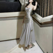 Sylvette Silver Satin Sweetheart Neckline Ruched Evening Dress