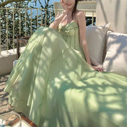 Willow Meadow Light Green Romantic Ruffles Neckline Dress